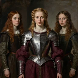 portrait of medieval swedish woman wearing maroon power armor with steel corset. intricate painting by ross tran, magali villeneuve, and jeremy mann.