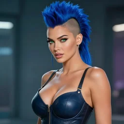 beautiful futuristic megan fox, photo realistic, blue mohawk, green eyes, voluptuous