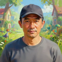 portrait painting ofa 4 0 - year - old middle - aged, robust, simple and honest ， wearing a cap, like tony leung chiu - wai by wenjun lin, irakli nadar, bright colors, octopath traveler, wenjun lin, unreal engine 5 highly rendered, global illumination, radiant light, detailed and intricate environment