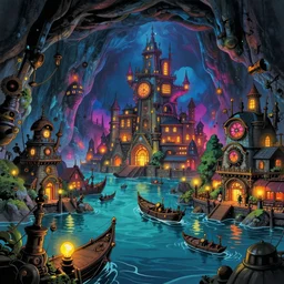 steampunk, port, city in cave, water, glowing lights, epic fantasy, colorfully, digital art, highly saturated colors, concept art, detailed illustration, hd, 4 k, digital art, greg rutkowski, dan mumford, studio ghibli trending on artstation