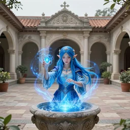elven girl sorcerer with blue hair, learning how to use magic. radiating blue energy. photorealistic, courtyard scene, wide angle, by Kan Liu, Trending on ArtStation. award winning, daily deivation