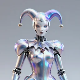 front shot of a court jester!!!! character, polished, glossy, holographic metallic, bionic futurism, robotic cyborg, 8 5 mm f 1. 8, ominous elegant elaborate highly detailed concept, polygonal shards, artstation sharp focus ray tracing cinematic masterpiece fine portrait, by artgerm greg rutkowski tooth wu beeple