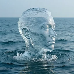 a water manipulation sculpture in the shape of a human head, on the ocean water, cinematic, in the style of johnson tsang, long shot, hyper detailed, hyper realistic, ray tracing, 8 k resolution, sharp focus, realistic water, artstation