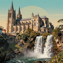 a old chatedral and waterfalls, retrowave art, trending on art station