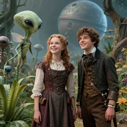 detailed, sharp, a girl and a boy standing next to some alien plants, looking happy, wearing 1850s era clothes, their small pet alien creature is hovering nearby, in a park on an alien planet, steampunk, extremely highly detailed, hyperrealistic, in focus faces, film still from a period sci fi movie, 8k, HD, good lighting