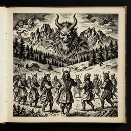 scan of book with intricate ink drawings of tyrolean folklore masks, krampus, folklore, dance, dolomites, scary dark, dark ink, old paper