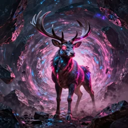 giant warrior stag in a vortex of rock, 8 k resolution fantasy painting, neon eyes, cinematic lighting, deviantart artstation, jason felix steve argyle tyler jacobson peter mohrbacher