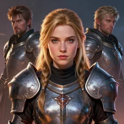 front facing symmetrical centered painted portrait, headshot of Imogen Poots as a D&D Paladin, RPG character avatar, Wild Blue Studios, Arcane concept art, Dauntless concept art, global illumination lighting, Pixar, trending on artstation, by Katie De Sousa, lois van baarle, ilya kuvshinov, rossdraws