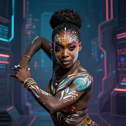 hyper realistic portrait of a nubian dancer with body paint in the middle of a broad cyberpunk background with lots of space all round, perfect face, fine details, colorful patterns, studio lighting, subtle shadows, art by tim okamura and karol bak, canon eos r 3, f / 1. 4, iso 2 0 0, 1 / 1 7 0 s, 8 k, raw, unedited, in - frame
