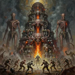oil paint of 1 1 machines as flayed cytosine amplified gods in tiers, colossal medical gangrene machines in tiers, dethroning / we machines / melee, battle pit, by shigeru komatsuzaki, wayne d barlowe, stefano tamburini, ember light, muted colors, epic, hyper detailed, awe inspiring, award winning horror, narrative lighting, hyper