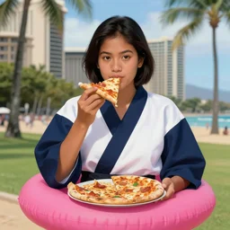 portrait of a Mexican Asian mix young woman school with short hair wearing a navy and white sepuku uniform and eating a pizza on a pink floatie in Kalakaua avenue in Waikiki beach, intricate, elegant, highly detailed, centered, digital painting, artstation, concept art, smooth, sharp focus, illustration, by Peter Mohrbacher, WLOP