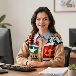 a portrait of a secretary sitting behind a desk, 1 9 7 0 th knitted burda style,
