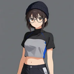 Outfit concept of an anime girl wearing a black grey and blue crop top, rounded eyeglasses, a beanie, and sneakers grey. painted by Simon Stålenhag, detailed, deviantart, high quality