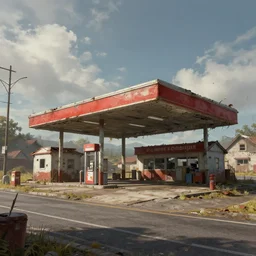 highly detailed 4K fantasy matte painting of an abandoned gas station near the road, dystopian style detailed digital art by Greg Rutkowski and Thomas Kinkade, trending on Artstation