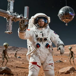 extreme long shot of a soviet cosmonaut in mars, mets aliens, spreads the word of the revolution, cccp international space station in the background, sovietwave aesthetic, sci fi, soviet futurism, socialist realism, volumetric lighting, ultra detailed, hyperrealistic, photoshopped, octane render, 8 k, high resolution