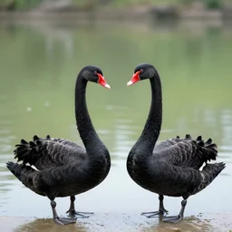 two black swans in the park, symmetrical photo
