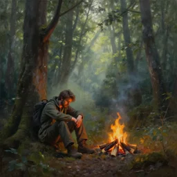 A Craig Mullins oil painting of a hauntingly beautiful forest in the morning; a weary traveler is sitting next to a small campfire; rays of light coming through the canopy; trending on artstation; extraordinary masterpiece!!!!!!; 8k