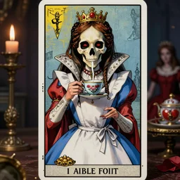 Queen of Hearts drinking tea with Alice in wonderland,death tarot card,highly detailed,half skull face,cinematic,8k,by Stanley Artgermm,Tom Bagshaw,Greg Rutkowski,Carne Griffiths, Ayami Kojima, Beksinski, Giger,trending on DeviantArt,hyper detailed,horror, full of colour