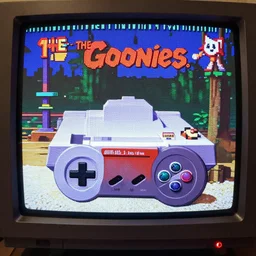 Super Nintendo Entertainment System, The Goonies Videogame, CRT screenshot monitor photo, highly detailed