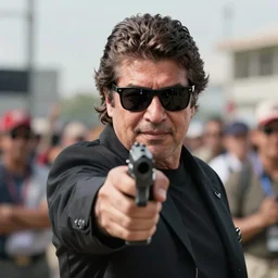 a still of hugo chavez as neo from the matrix, wearing black sunglasses while pointing a gun to the camera. centred. extremely detailed. beautiful. 3 5 mm. 4 k. award winning.