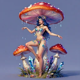 mushroom goddess, dripping crystals, full body dynamic pose, attractive form, psychedelic dmt deity, picasso, pin up girl, visionary art, fully colored and rendered