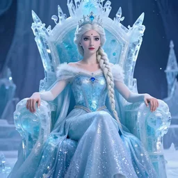 photograph of a real-life beautiful ice queen with ornate dress sitting on an icy throne.  Extremely detailed. 8k
