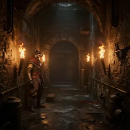 delicious torch lit prison dungeon jail cell atmospheric unreal engine hyperreallistic render 8k concept art masterpiece screenshot from the video game Assassin's creed odyssey cool 6500K global illumination and a werewolf from van helsing for good measure