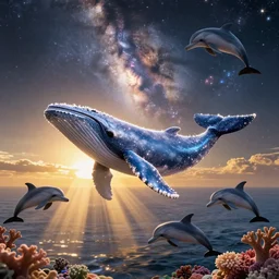 glimmering whale, dolphins, cosmos, milky way galaxy, golden hour, god rays, coral reef, dreamscape by artgerm and ruan jia and ismail inceoglu and greg olsen, masterpiece, beautiful, intricate, elegant, highly detailed