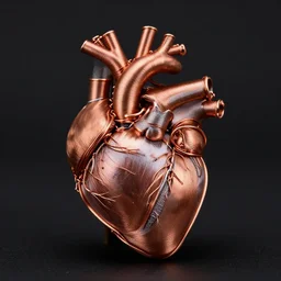 a very beautiful tiny human heart organic sculpture made of copper wire and threaded pipes, very intricate, curved. studio lighting, high resolution, high quality, black background