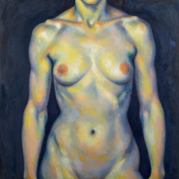 stylized bodypaint by paul signac, photography. very detailed human form.