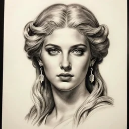 tattoo sketch of beautiful greek goddess aphrodite with arrow earrings, beautiful piercing eyes, flowing blonde hair, realistic face, hyper realistic, in the style of greg rutkowski, fantasy, amazing detail, epic, intricate, elegant, smooth, sharp focus
