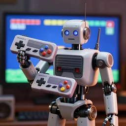 an elaborate robot holding a retro game controller in its hand, on screen video game shown in background