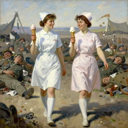 painting of two smiling nurses with ice cream cones in their hands walking through a battlefield of dead soldiers by emile friant