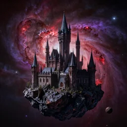 a dark gothic castle with tall spires on top of an asteroid in an asteroid field, red and purple nebula