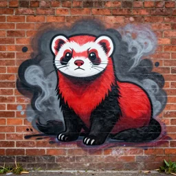 graffiti tag of a friendshaped furry fandom ferret, red and black, smoke cloud backing on a brick wall