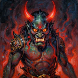 a vibrant painting of japanese oni demon with glowing red horns, ominous, magic details, by moebius, edward hopper, james gilleard, and james jean, hd, 8 k, trending on artstation, uhd,