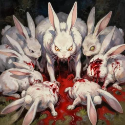 very very aggressive bunnies thirsty for blood, injuries, beheaded bunnies, very red blood, grotesque, grotesque, rabbit of caerbannog, makoto shinkai, james ryman, edouard bisson, painting