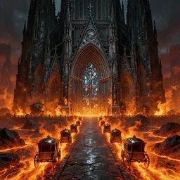 an obsidian gothic cathedral with a giant metallic obsidian door and a long path leading to it with several big carriages on it, in the elemental plane of fire, with rivers of lava surrounding it, Dungeon and Dragon illustration, painted by Greg Rutkowski, 4k, trending on ArtStation