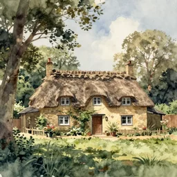 a peaceful scene with old thatched cottage nestling amongst the trees, watercolor, wide angle