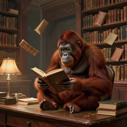 an orangutan sitting on a desk, reading a book in a library, books flying everywhere, victorian shelves from the unseen university, epic, master, illustration, concept art, 4 k
