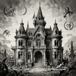 technical drawing of a haunted mansion, horror art by beksinski and szukalski and giger and and pyromallis and dzo and iris compiet and seb mckinnon and, digital art, highly detailed, intricate, sharp focus, trending on artstation hq, deviantart, pinterest, unreal engine 5, 4 k uhd image