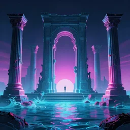 neon ancient ruins in the sea, retrowave art, digital alt,trending on art station