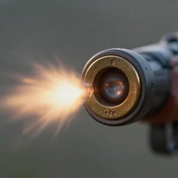 macro shot of ultra detailed realistic bullet exiting rifle barrel, motion blur, global illumination