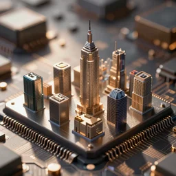 macro shot of a city on a microchip, Nikon 40mm, bokeh, shallow depth of field