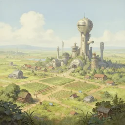 a small sci - fi farm town, airbrush painting, pale, wide shot,