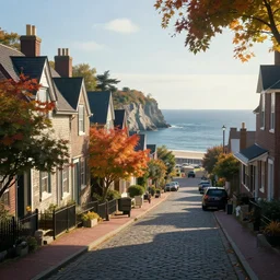 portsmouth new hampshire colonial city street on an ocean cliff, ocean cliff view, maple trees along street, chimneys on buildings, cobblestone street, thomas kinkade, light cinematic, otherworldly, volumetric, realistic, cinematic lighting, ray tracing, unreal engine 5, octane render, hyper realistic, photo, 8 k