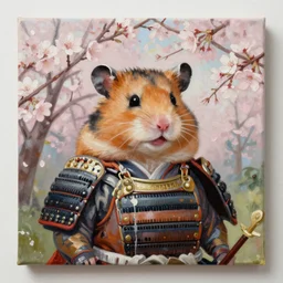 “ a naturalistic painting, of a hamster in shogun armor, with sakura blossoms in the background, oil on canvas, a 4 canvas ”