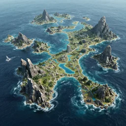 retrofuture 3 d render of the mercantile polities of weeping strand archipelago. this is a land on an unforgiving world of churning oceans and jagged coastlines. every habitable island is situated somewhere along the planet ’ s equator where the weather is still volatile but more hospitable than any points to the north or south