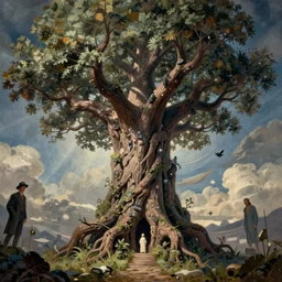 A hyper-realistic low angle wide shot matte painting of a single yggdrasil by thomas kinkade and georgio de chirico. Subject in view, symmetrical composition, f11:6, volumetric lighting, dynamic lighting, unreal engine, octane render, trending on artstation and cgsociety