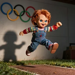 screaming chucky doll doing long jump at the olympics